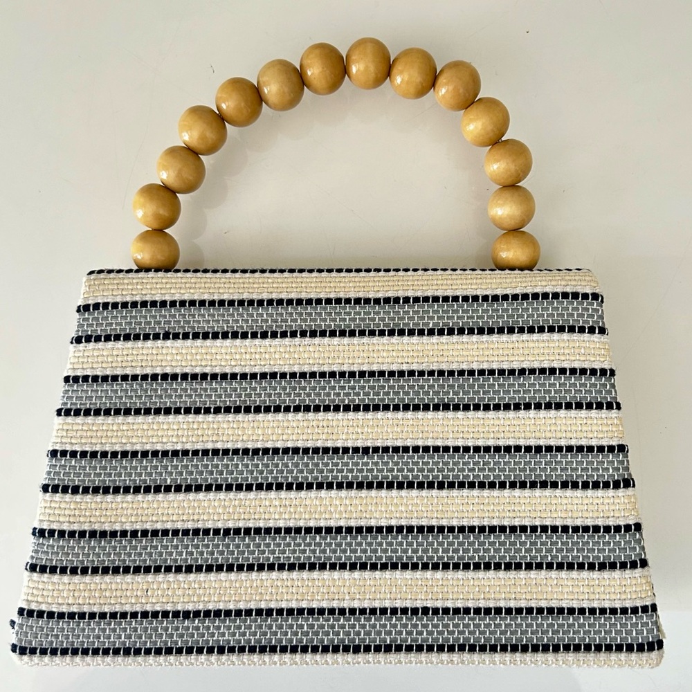 Striped Straw Top-Handle Bag with Wood Bead Handle - Picture 2 of 11
